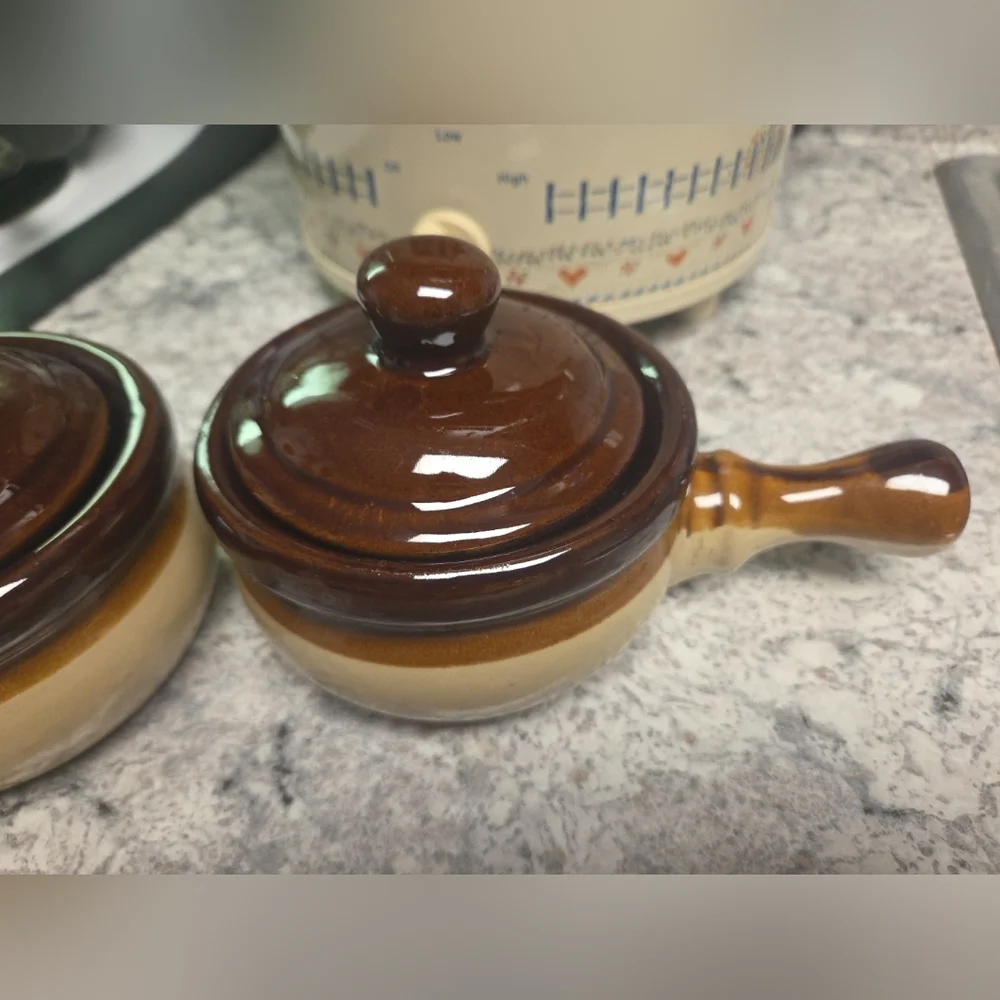 Two Stoneware Ceramic Soup Bowls With Handles And Lids - Vintage